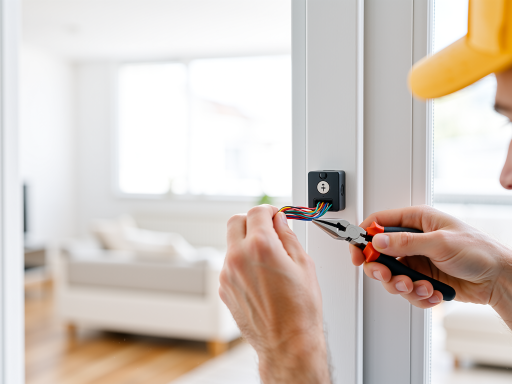 专业锁匠正在为客户修理门锁,手持工具,专注工作状态,明亮自然光线,专业操作环境