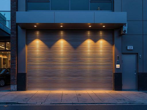 商业店铺门锁维修现场,师傅正在修理卷帘门锁,店铺门口,专业工具摆放整齐