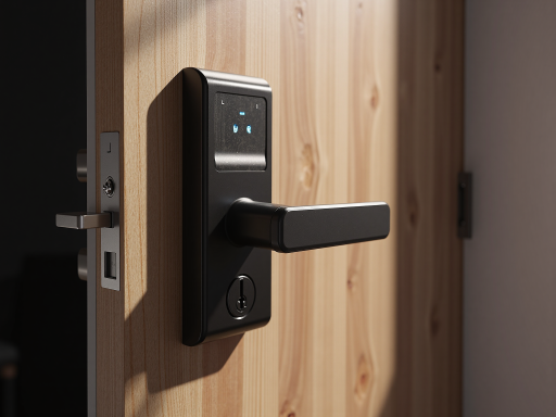 家庭防盗门锁安装现场,专业师傅正在安装新款智能锁,门框干净整洁,现代化锁具